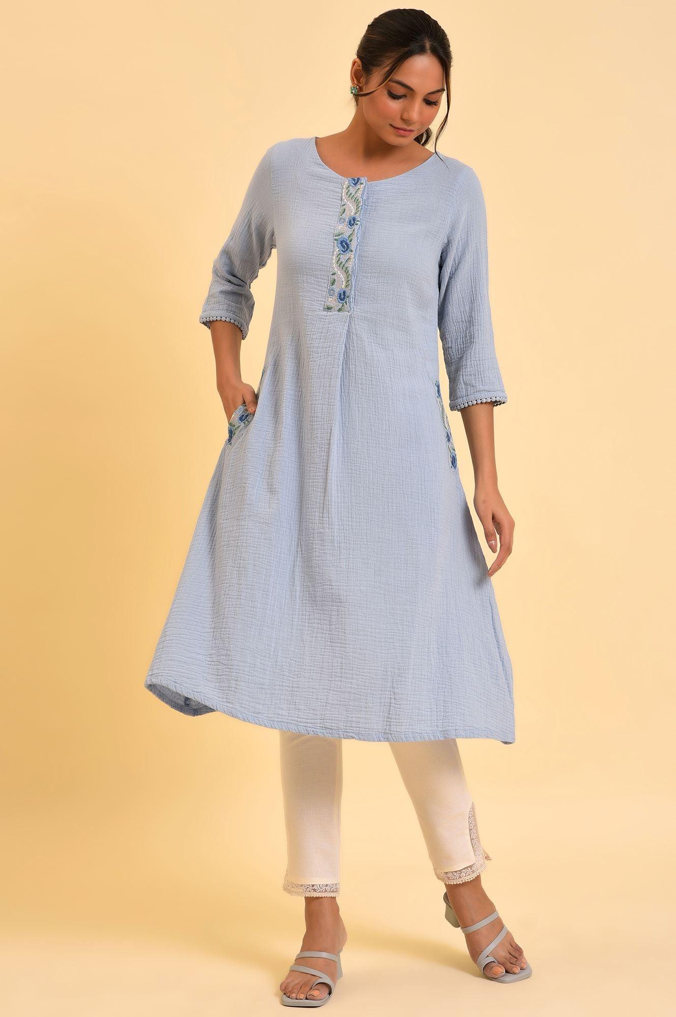 Light Blue Embroidered Cotton Summer kurta - wforwoman