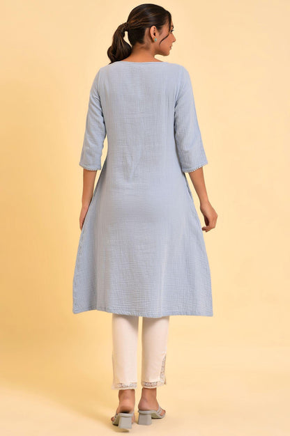 Light Blue Embroidered Cotton Summer kurta - wforwoman