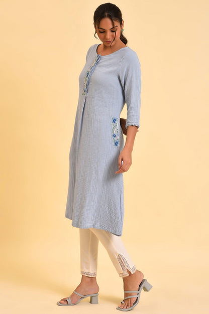 Light Blue Embroidered Cotton Summer kurta - wforwoman
