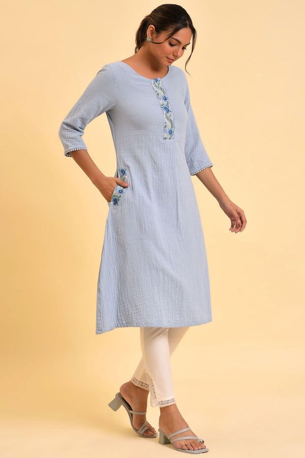Light Blue Embroidered Cotton Summer kurta