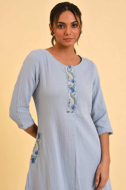 Light Blue Embroidered Cotton Summer kurta - wforwoman