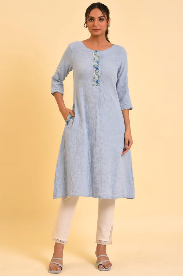 Light Blue Embroidered Cotton Summer kurta