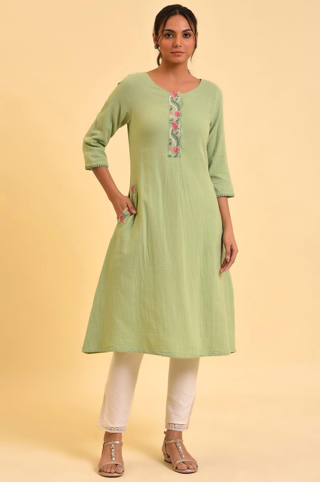 Green Embroidered Cotton Summer kurta - wforwoman