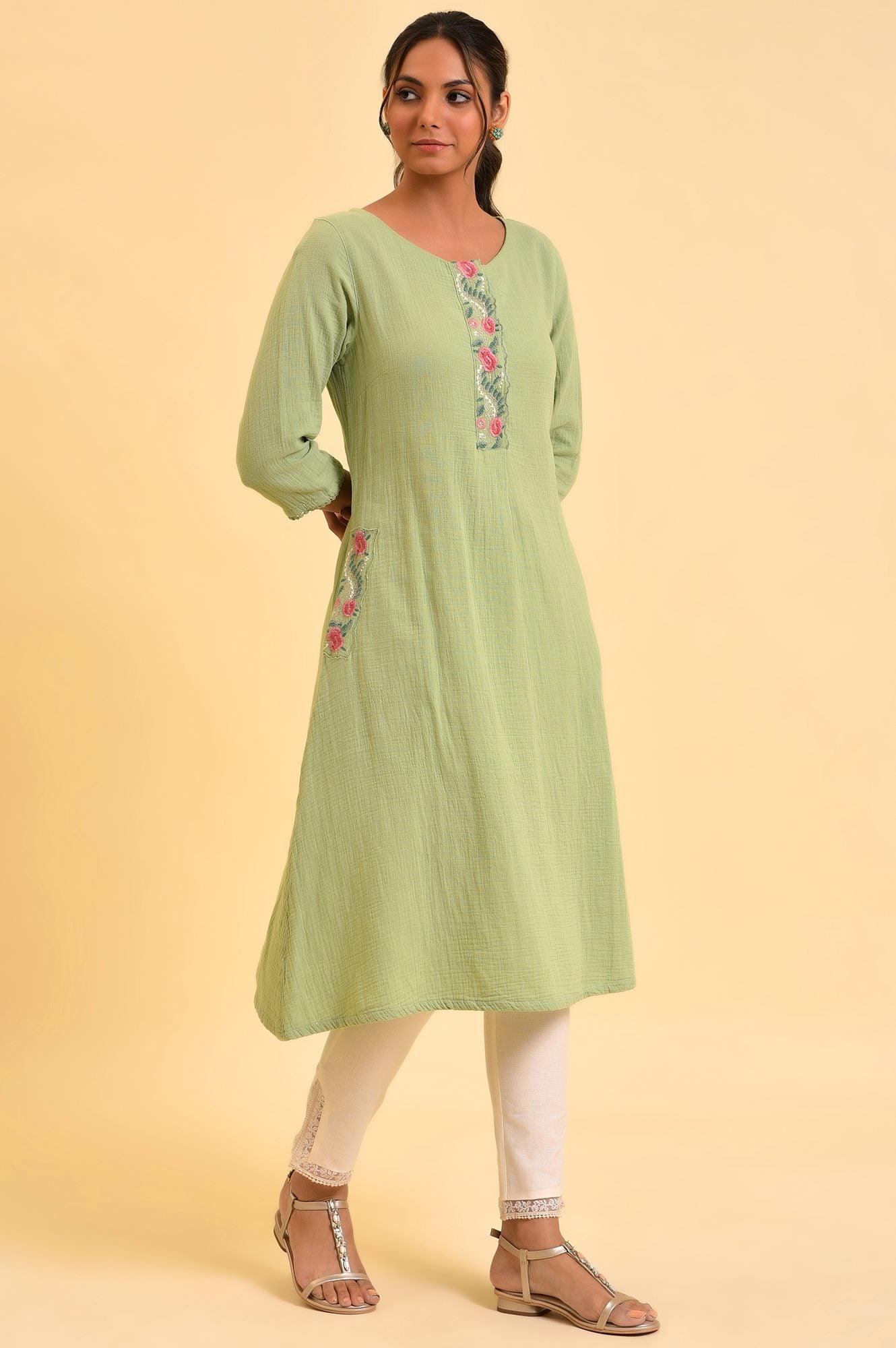 Green Embroidered Cotton Summer kurta - wforwoman