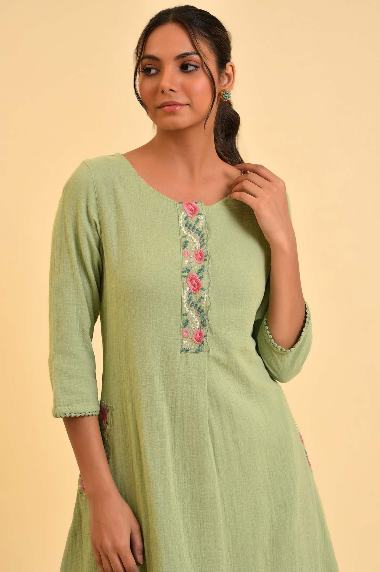 Green Embroidered Cotton Summer kurta - wforwoman