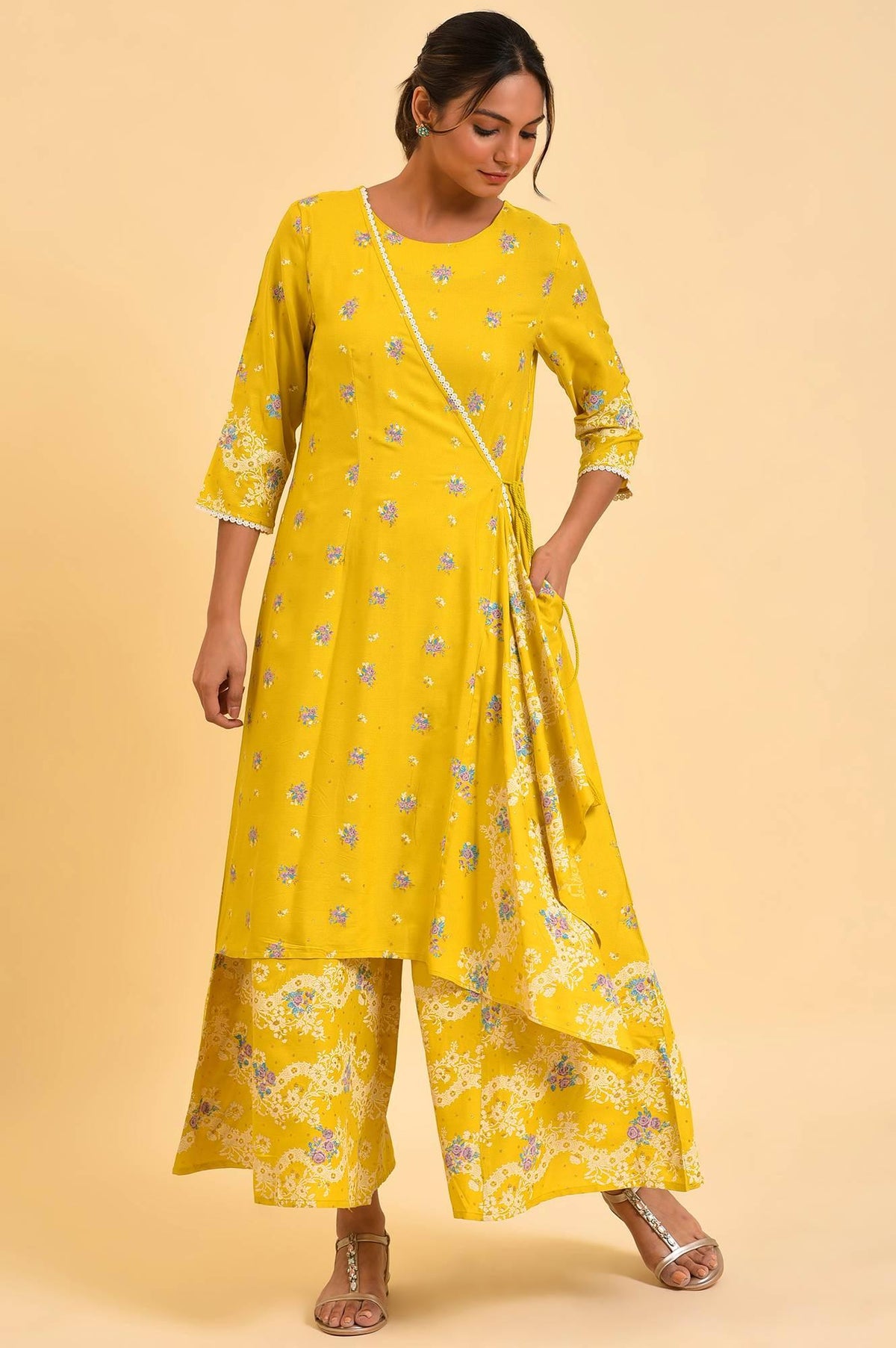 Yellow Glitter Printed Plus Size Angrakha Jumpsuit - 20