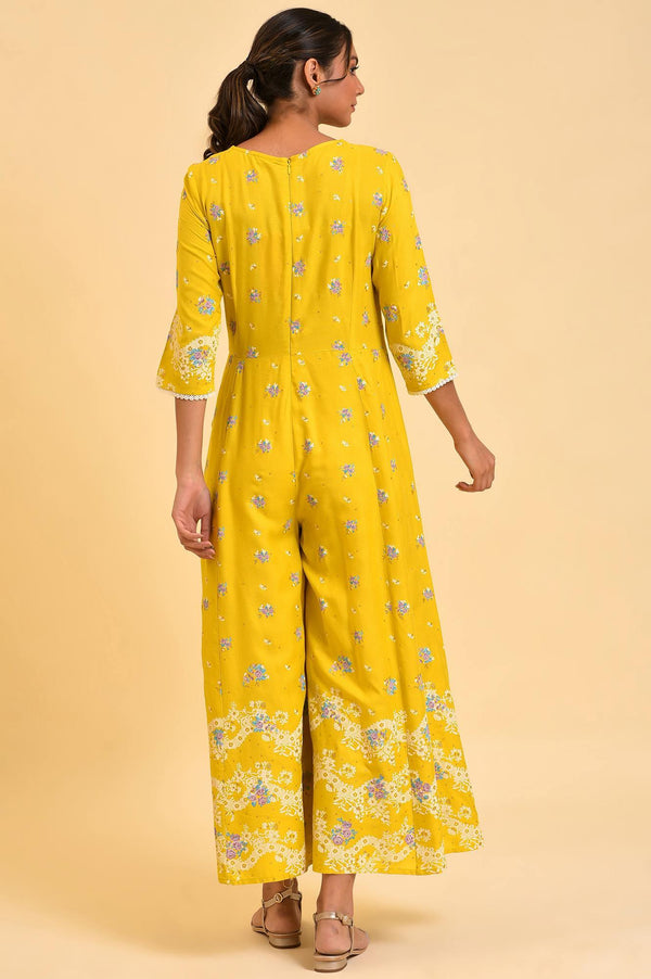 Yellow Glitter Printed Plus Size Angrakha Jumpsuit