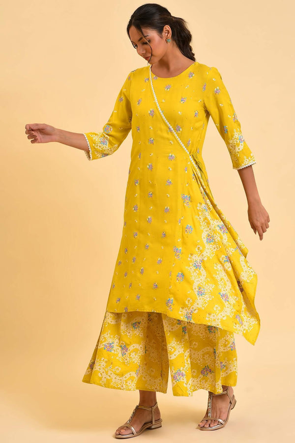 Yellow Glitter Printed Plus Size Angrakha Jumpsuit