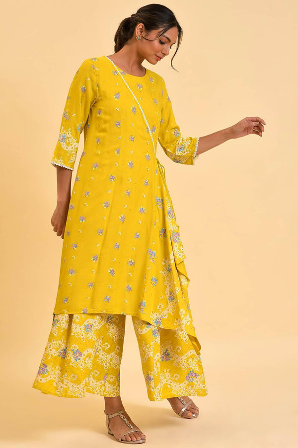 Yellow Glitter Printed Plus Size Angrakha Jumpsuit
