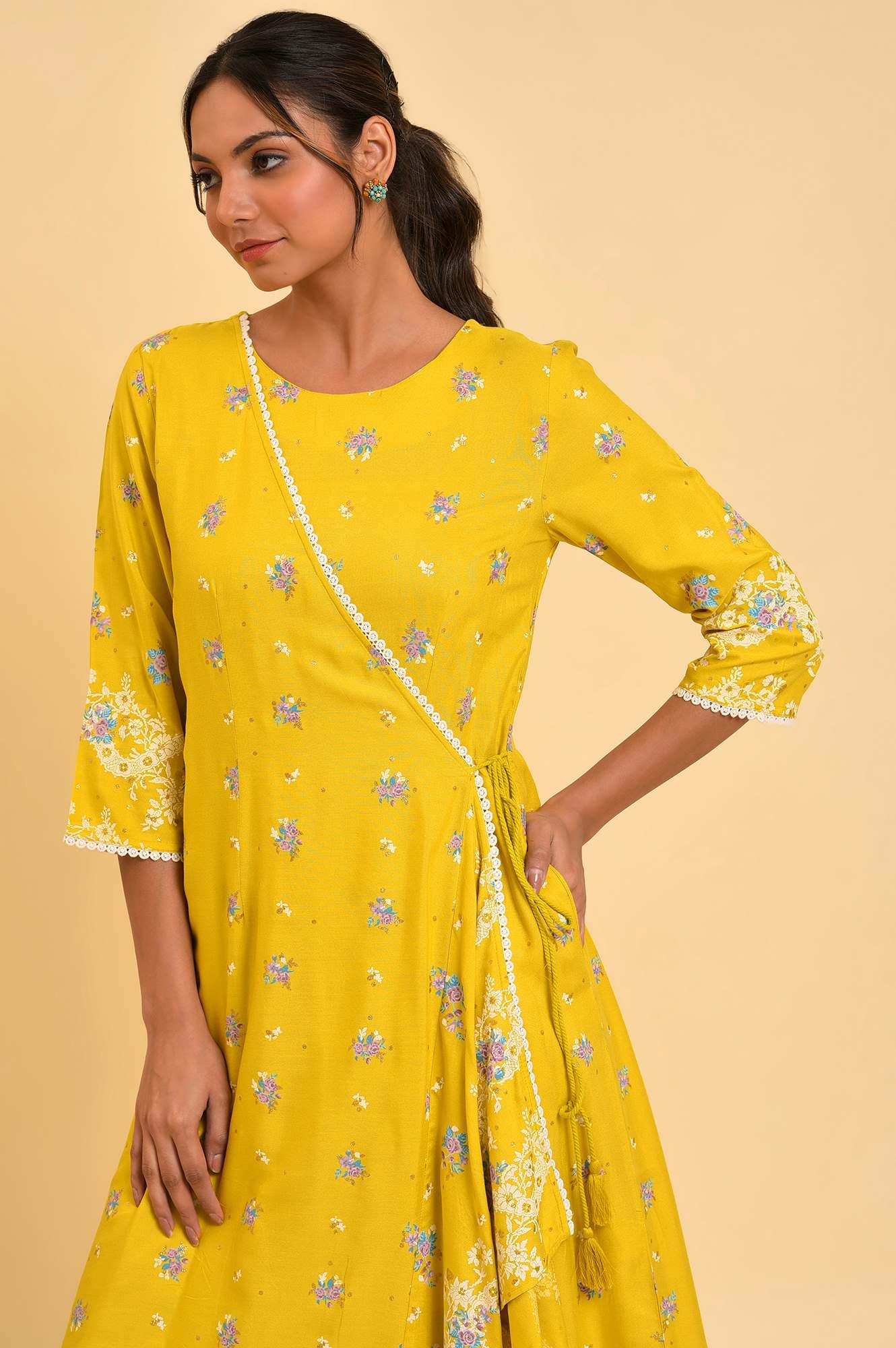 Yellow Glitter Printed Angrakha Jumpsuit - wforwoman
