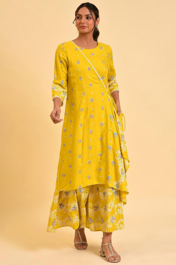 Yellow Glitter Printed Angrakha Jumpsuit
