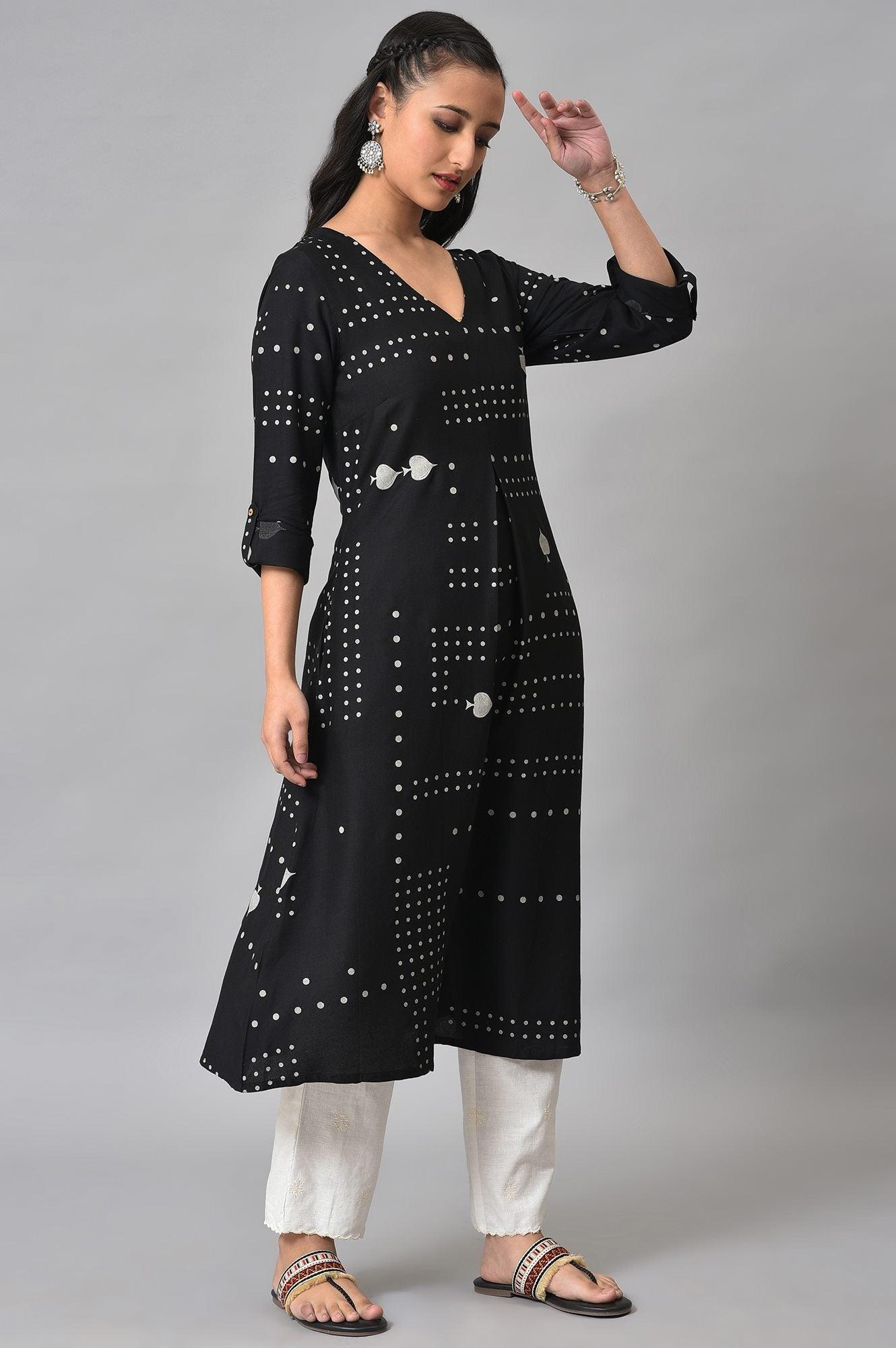 Plus Size Black Easy Breezy Spade Printed Rayon kurta - wforwoman
