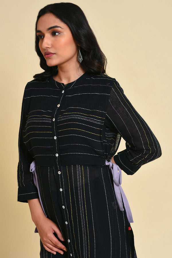 Black Abstract Printed Cotton Flax Straight Kurta with Slim Pant Set
