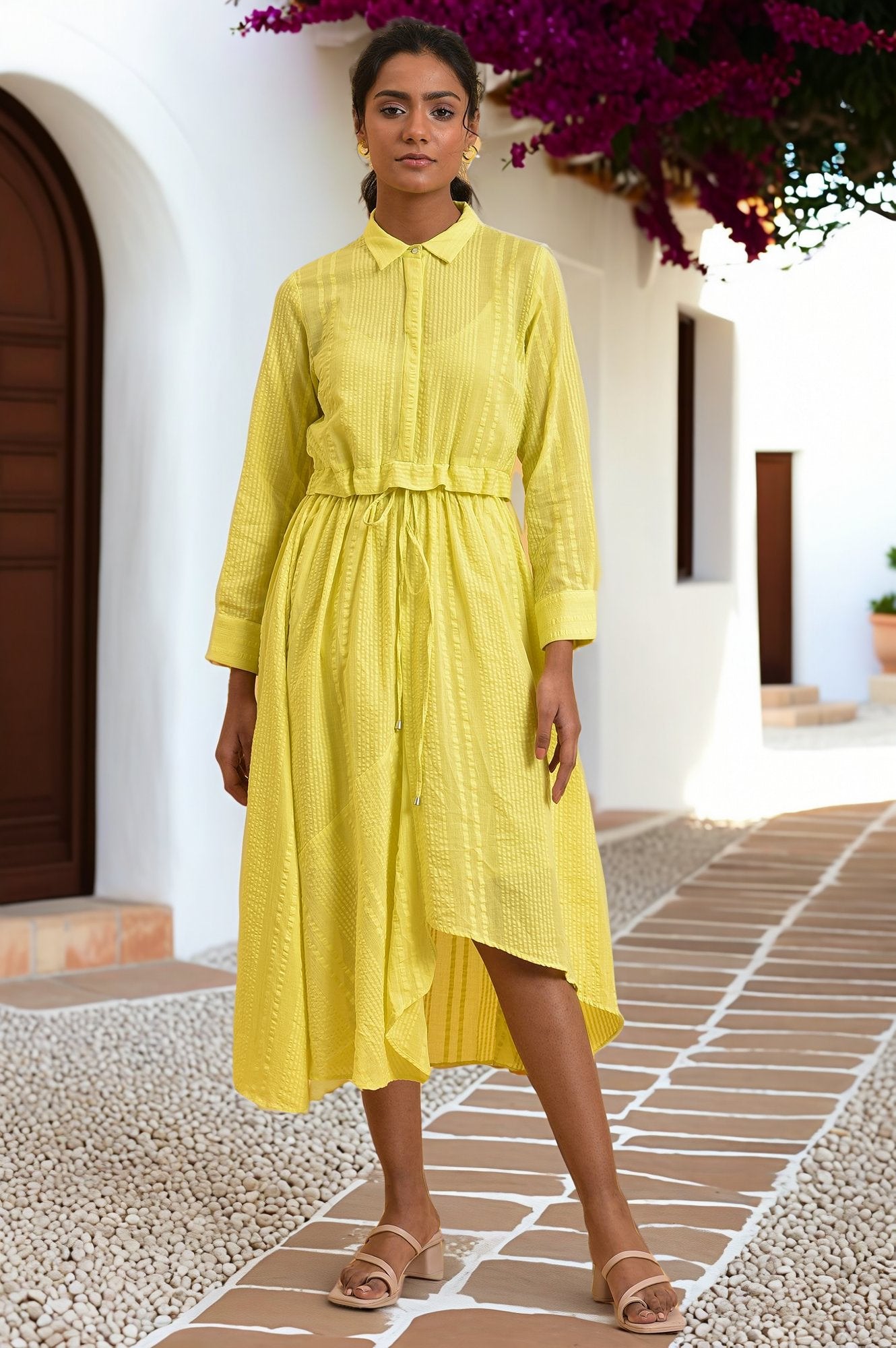 Green Gathered Shirt Collar Dress