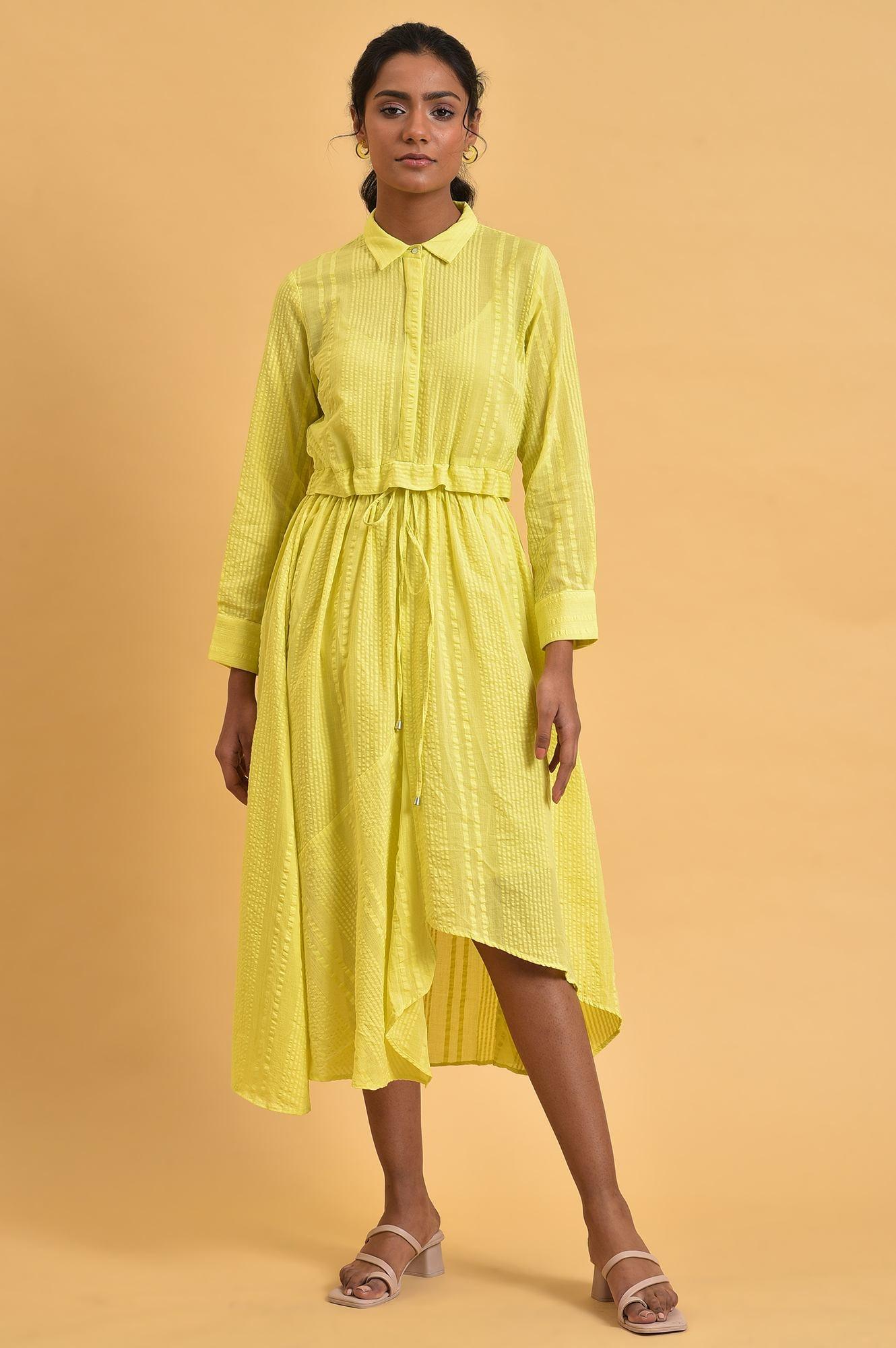 Green Gathered Shirt Collar Dress - wforwoman