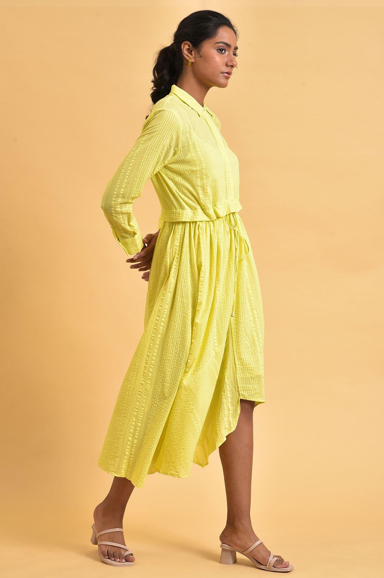 Green Gathered Shirt Collar Dress - wforwoman