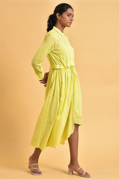 Green Gathered Shirt Collar Dress - wforwoman