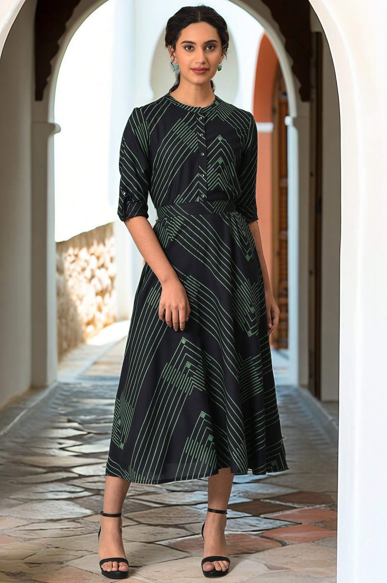 Black Matrix Printed Circular Shirt Dress With Belt