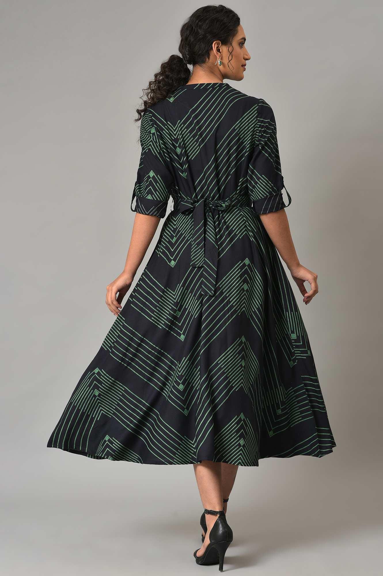 Black Matrix Printed Circular Shirt Dress With Belt - wforwoman