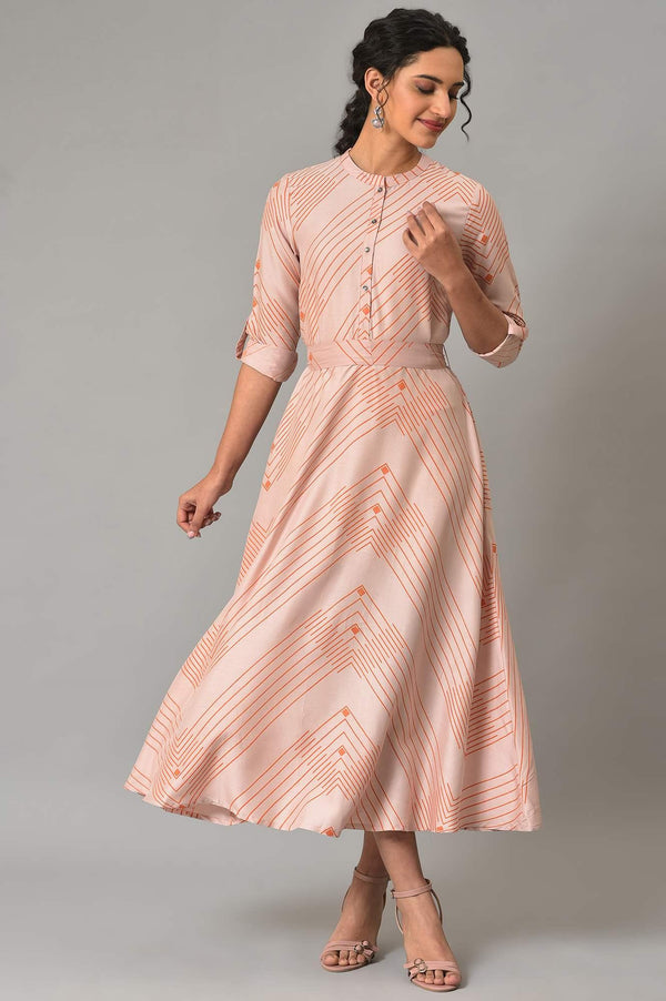 Dusty Pink Matrix Printed Circular Shirt Dress With Belt