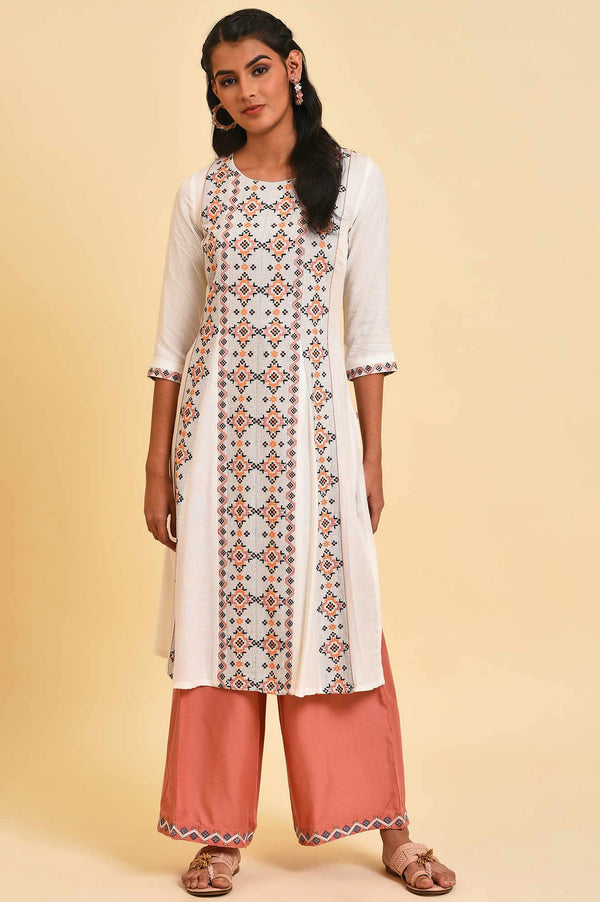 Ecru Geometric Print Round Neck Summer kurta