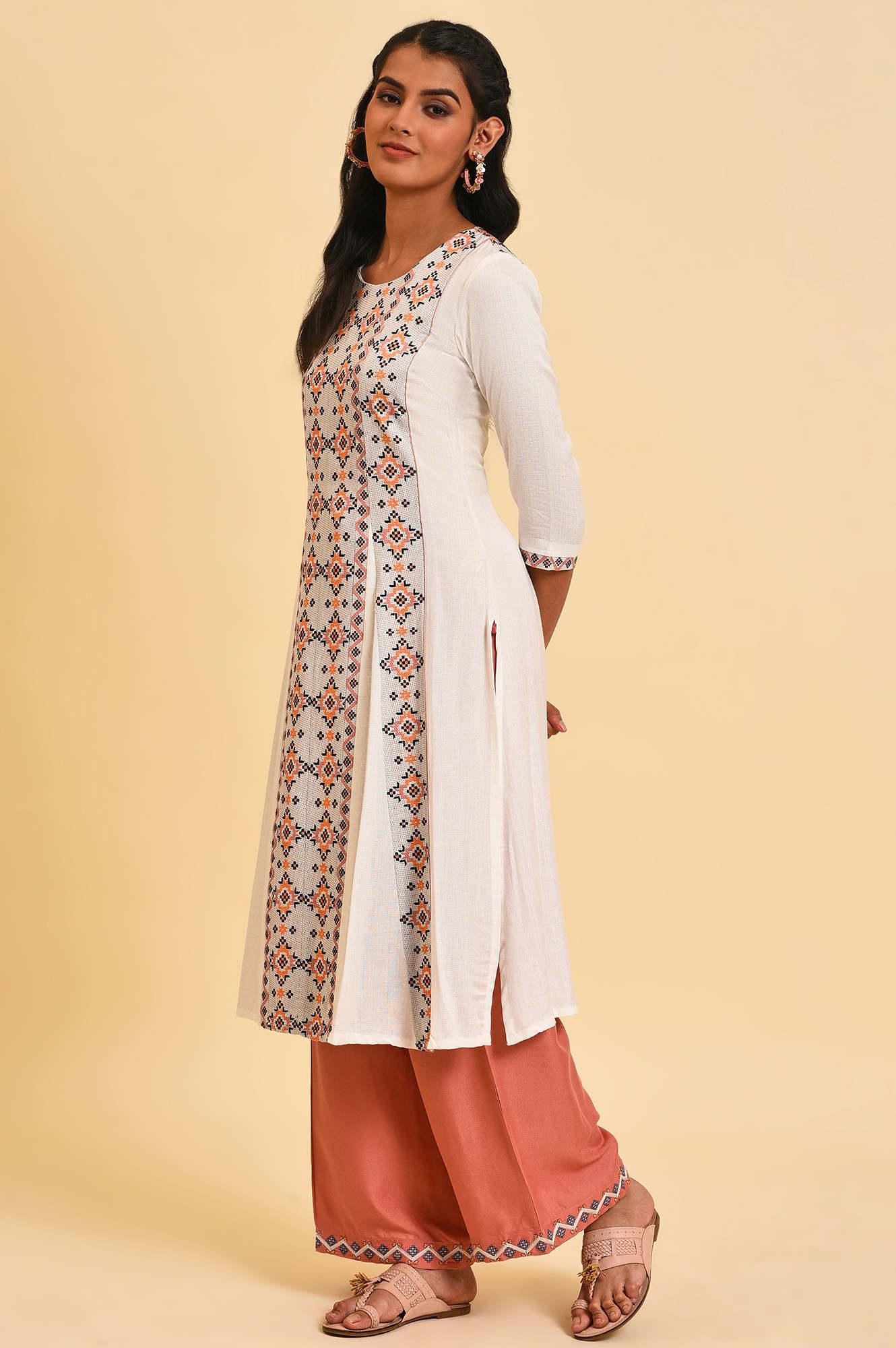 Ecru Geometric Print Plus Size Summer kurta - wforwoman