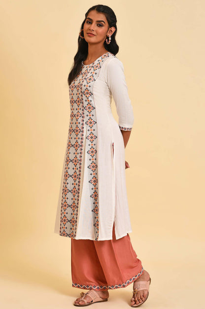 Ecru Geometric Print Round Neck Summer kurta - wforwoman