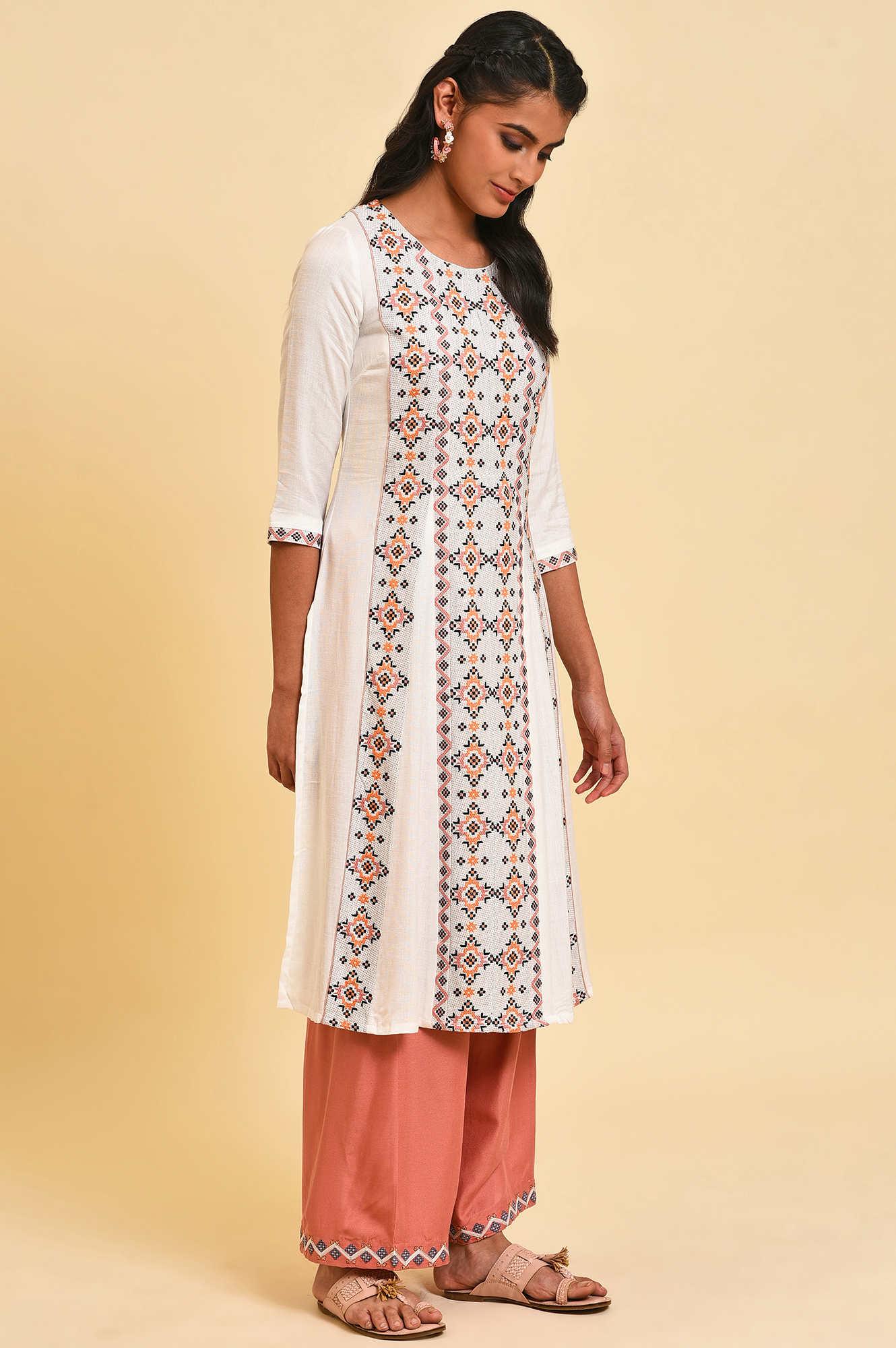 Ecru Geometric Print Round Neck Summer kurta - wforwoman