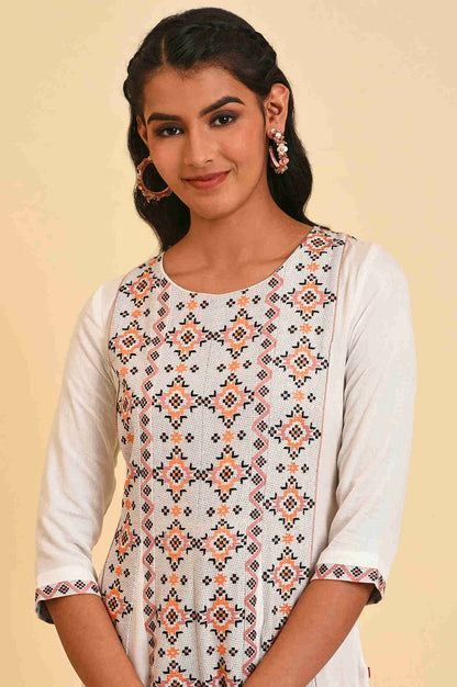Ecru Geometric Printed Jacquard   Straight Kurta and Jegging Set