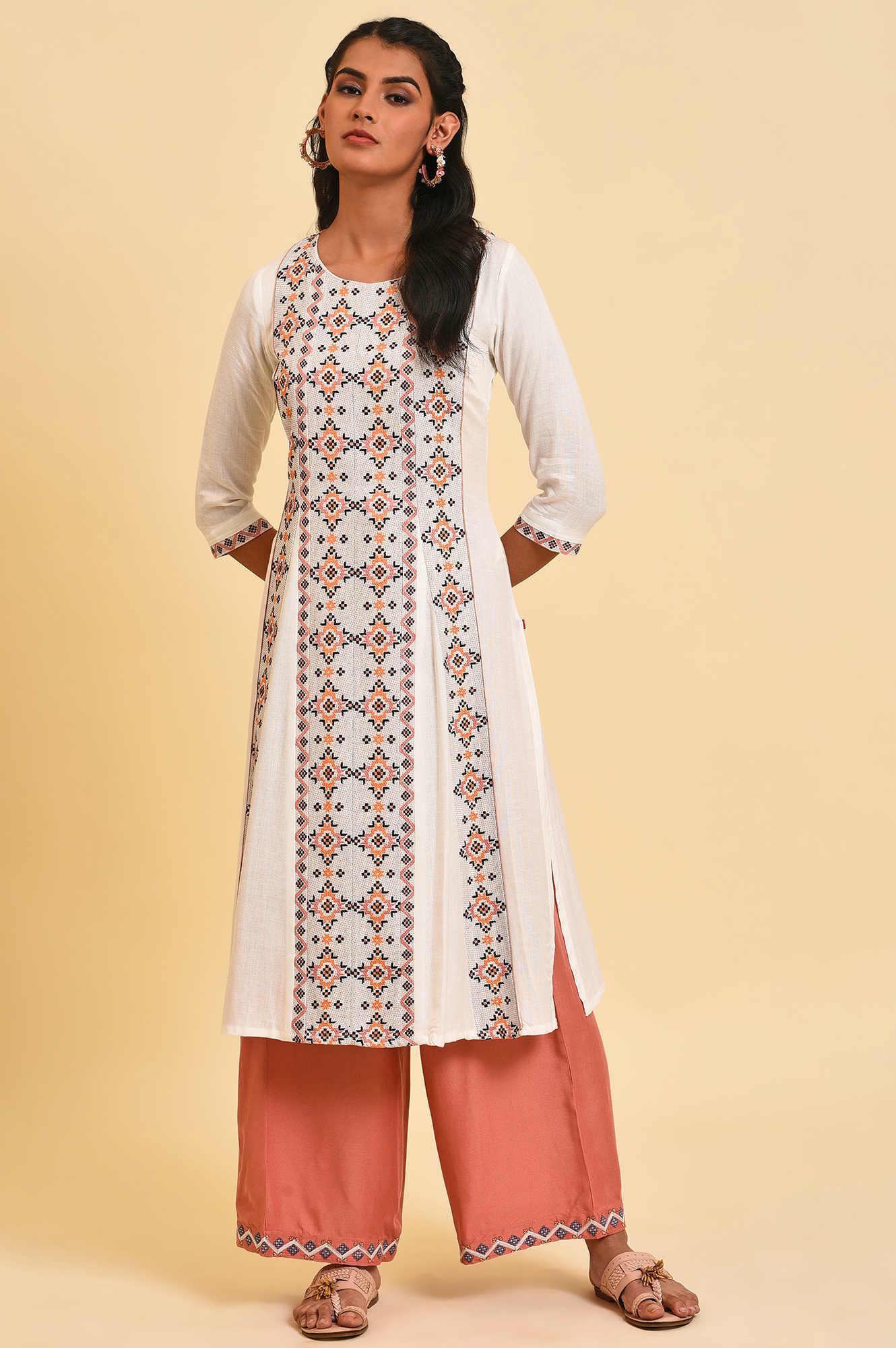 Ecru Geometric Print Plus Size Summer kurta - wforwoman
