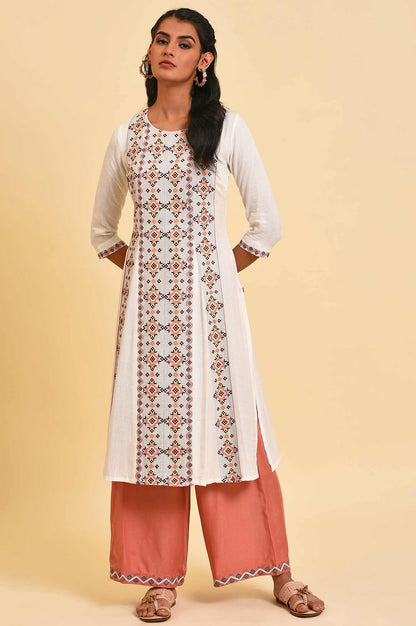 Ecru Geometric Print Round Neck Summer kurta - wforwoman