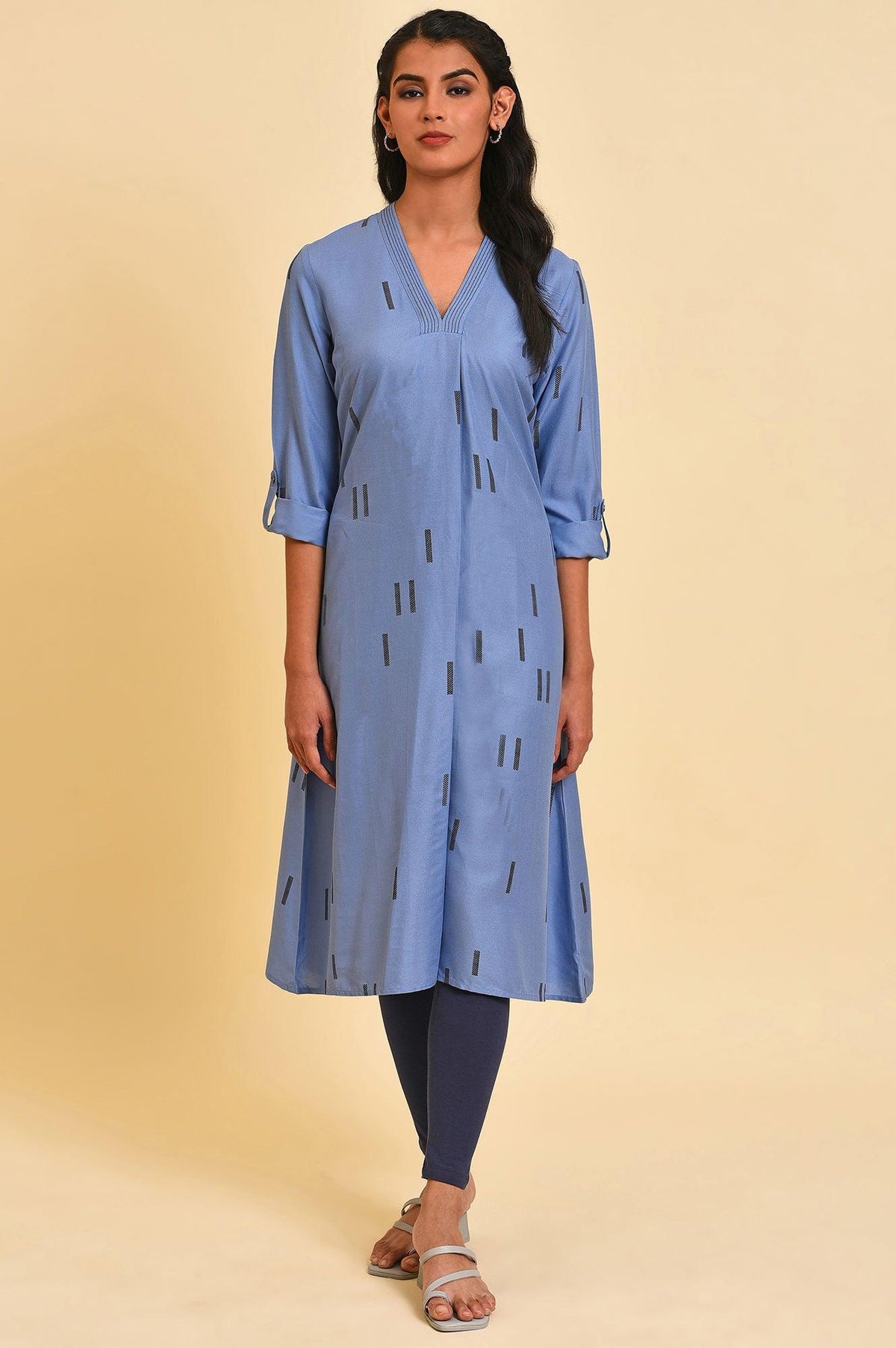 Blue V-Neck Summer Cotton Kurta