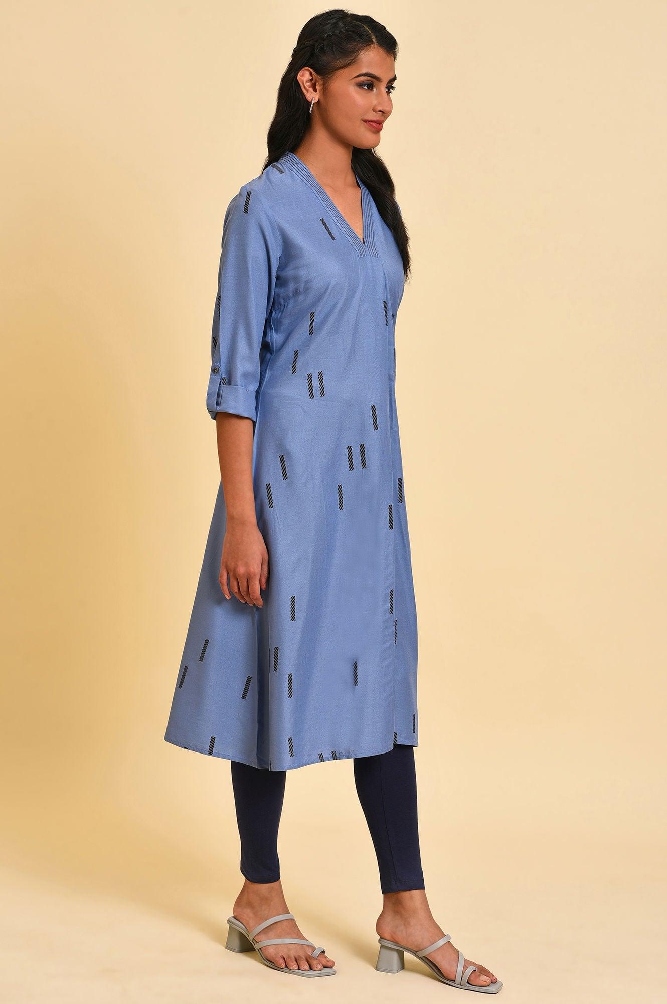 Blue V-Neck Summer kurta - wforwoman
