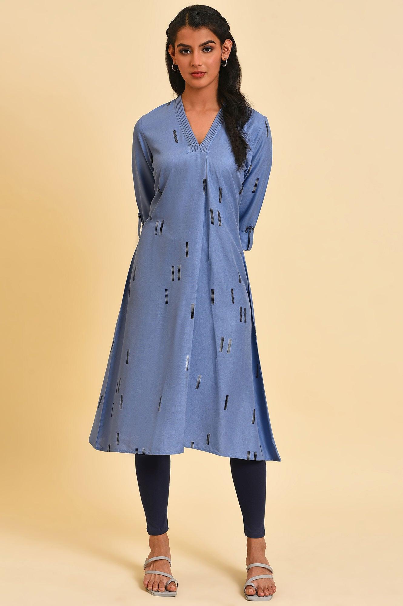 Blue V-Neck Summer kurta - wforwoman