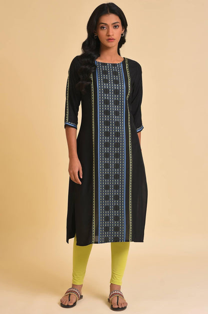 Black Straight kurta With Printed Central Panel - wforwoman