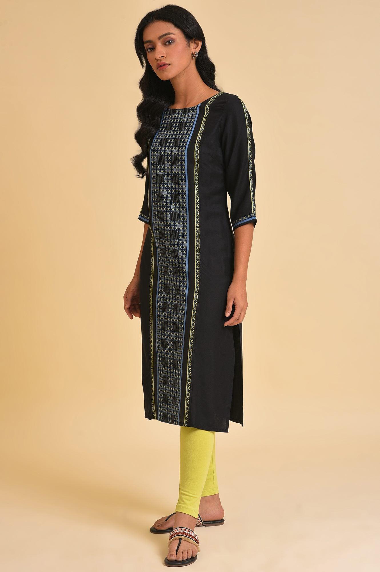 Plus Size Black Straight kurta With Printed Central Panel - wforwoman