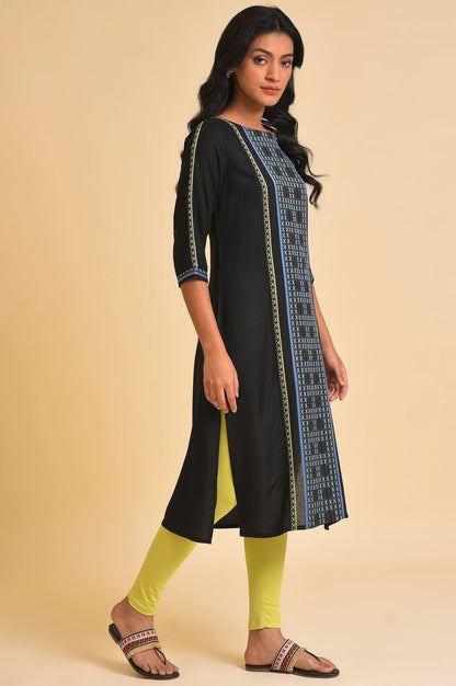 Plus Size Black Straight kurta With Printed Central Panel - wforwoman