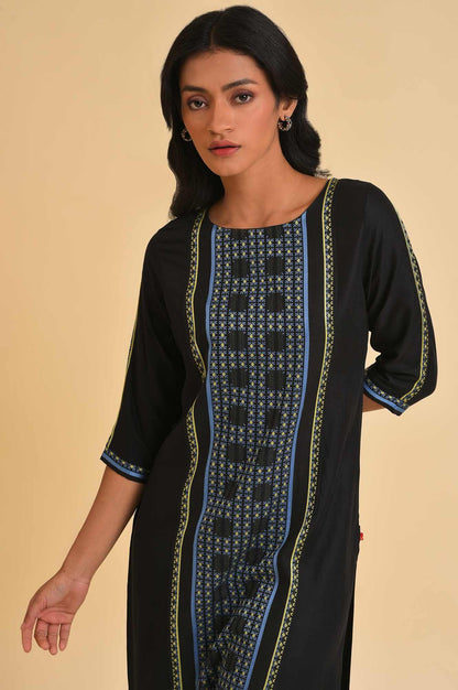 Black Straight kurta With Printed Central Panel - wforwoman