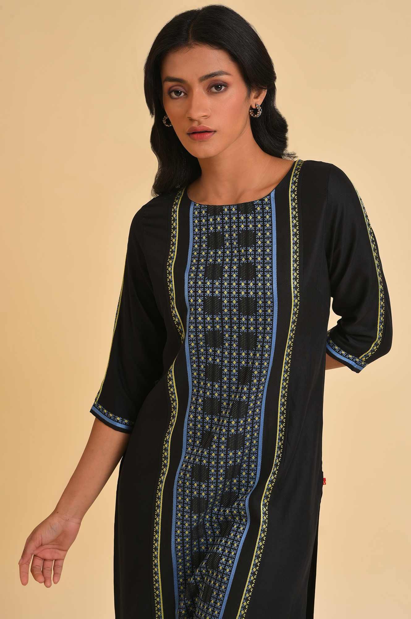 Plus Size Black Straight kurta With Printed Central Panel - wforwoman