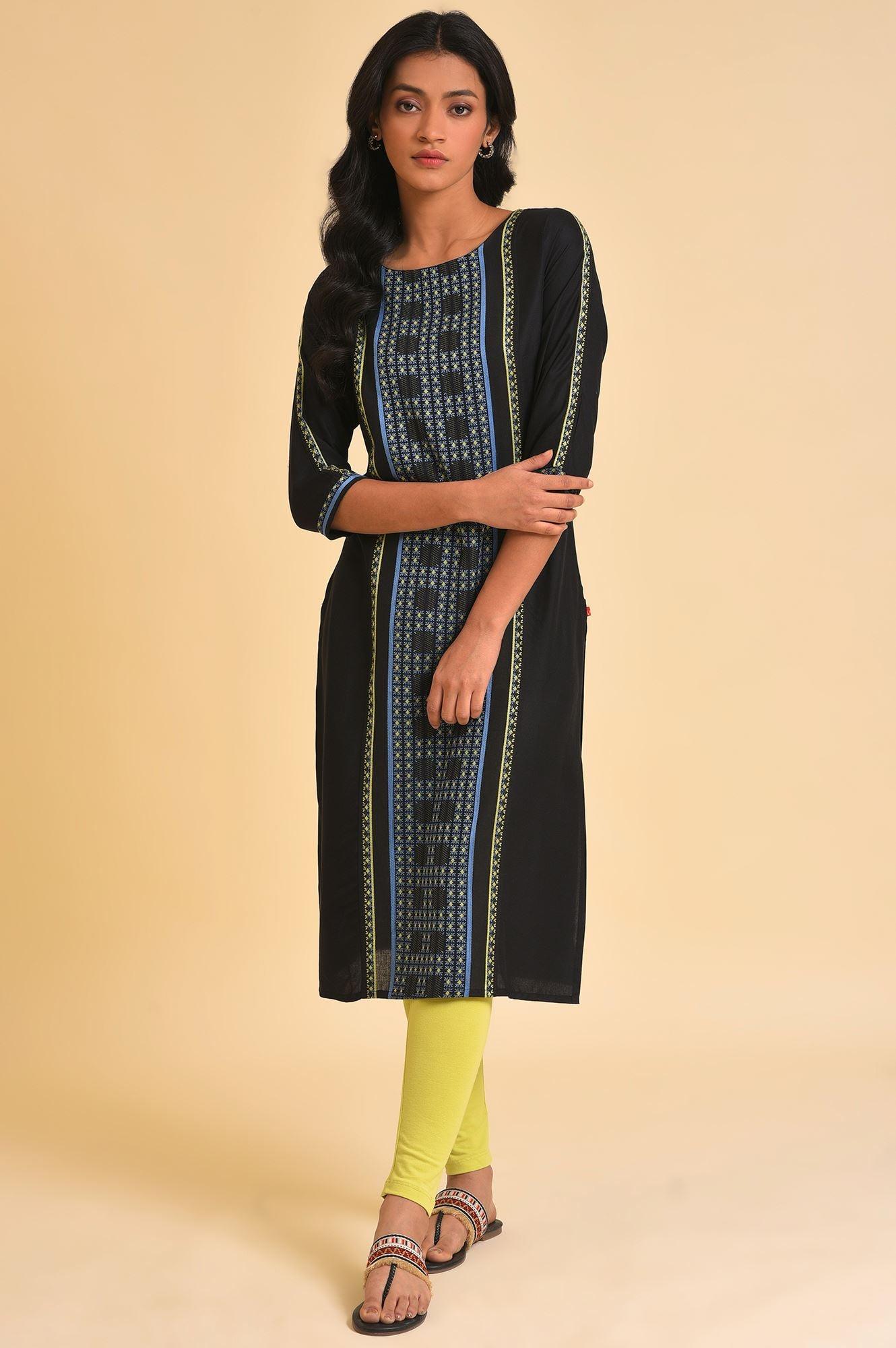 Black Straight kurta With Printed Central Panel - wforwoman