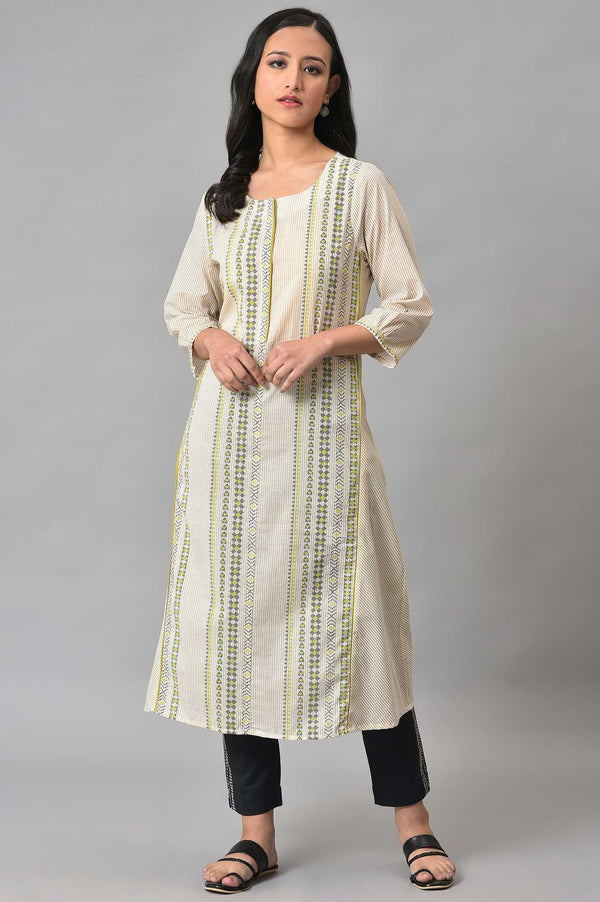 Off-White Printed Cotton Straight Kurta