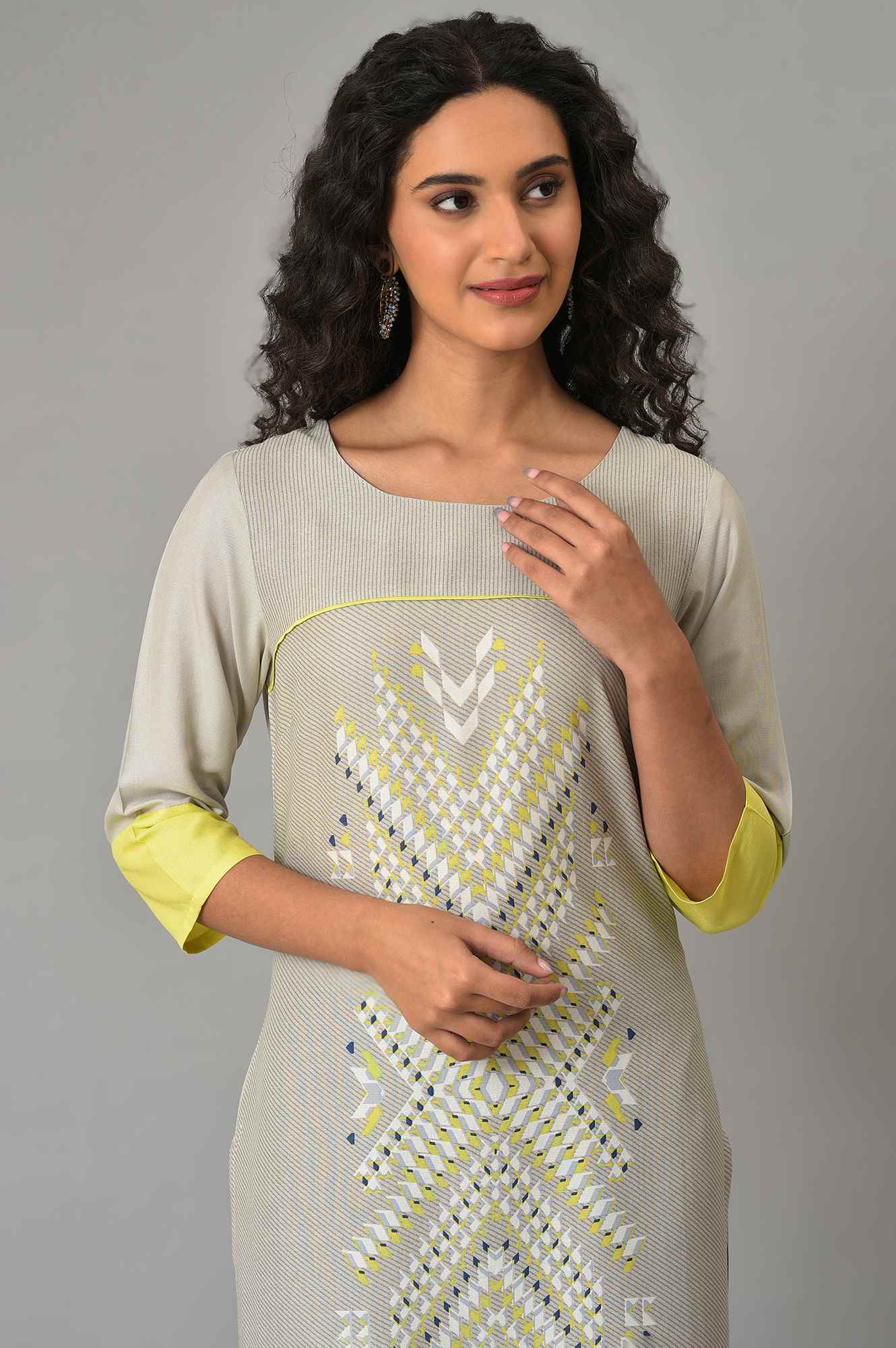 Light Grey Geometric Printed Rayon Straight Kurta and Slim Pant Set