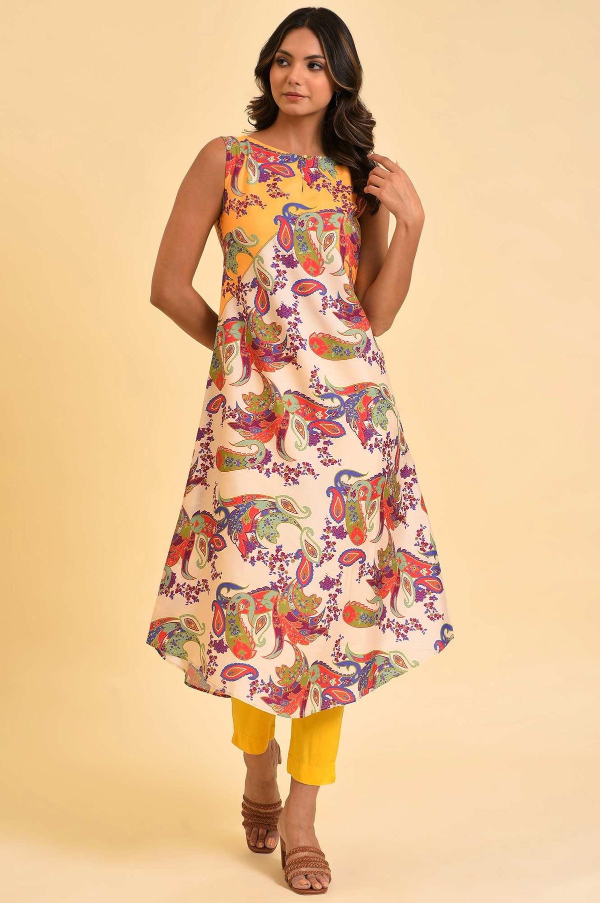 Yellow Scarf Patterned Printed kurta - XS