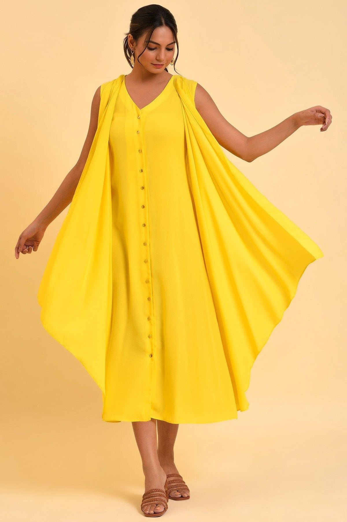 Yellow Sleeveless Draped Polyester Dress - XS