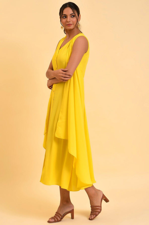 Yellow Sleeveless Draped Polyester Dress
