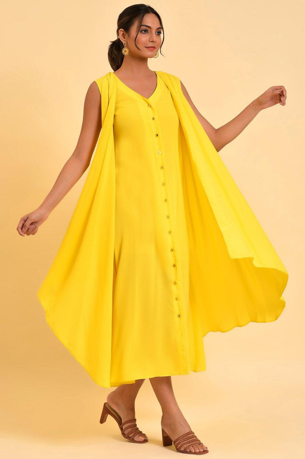 Yellow Sleeveless Draped Polyester Dress