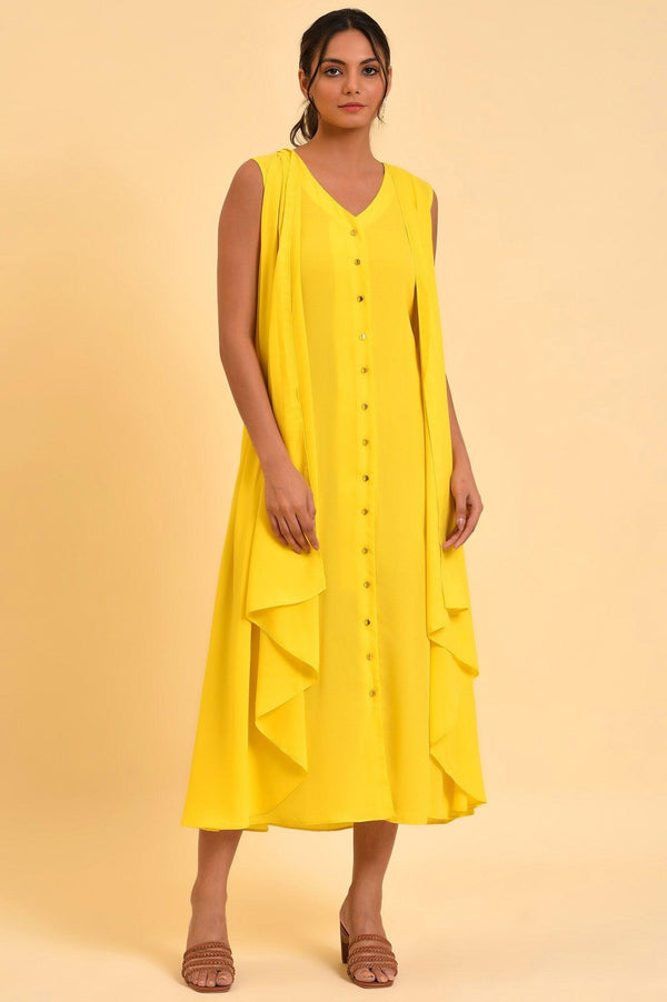 Yellow Sleeveless Draped Polyester Dress