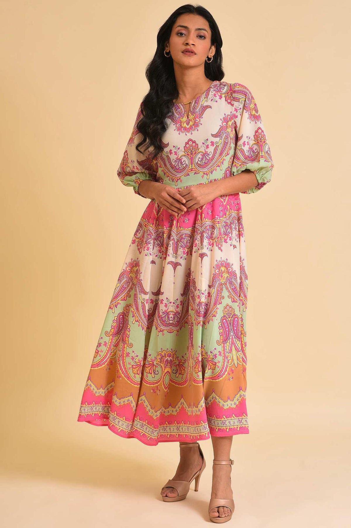 Soft Multi-Coloured Paisley Printed Panelled Dress - XS
