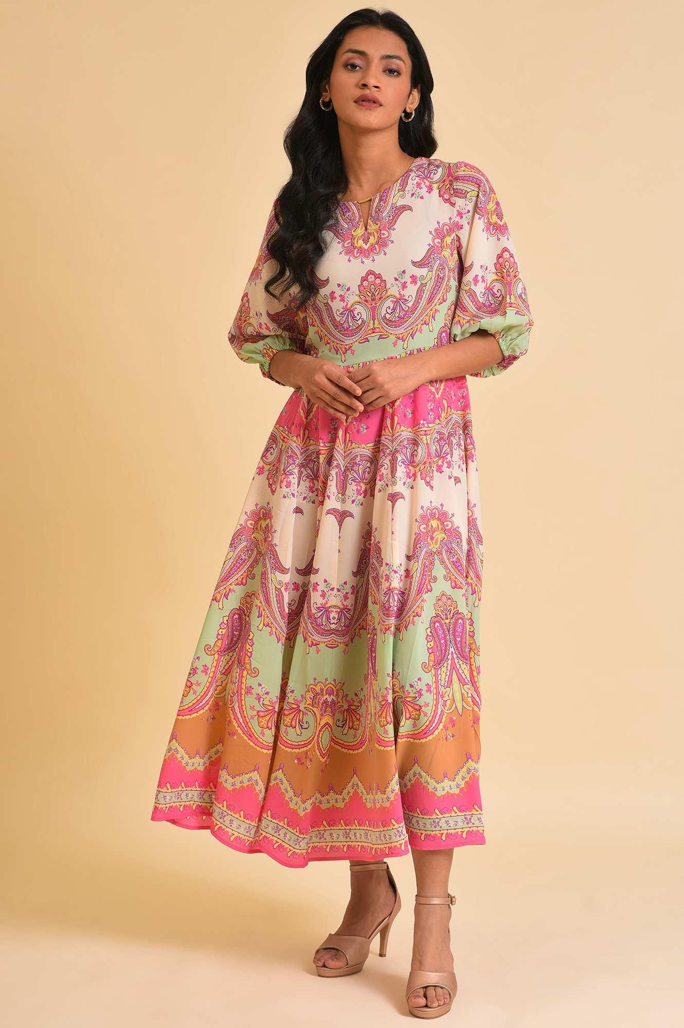 Soft Multi-Coloured Paisley Printed Panelled Dress - wforwoman