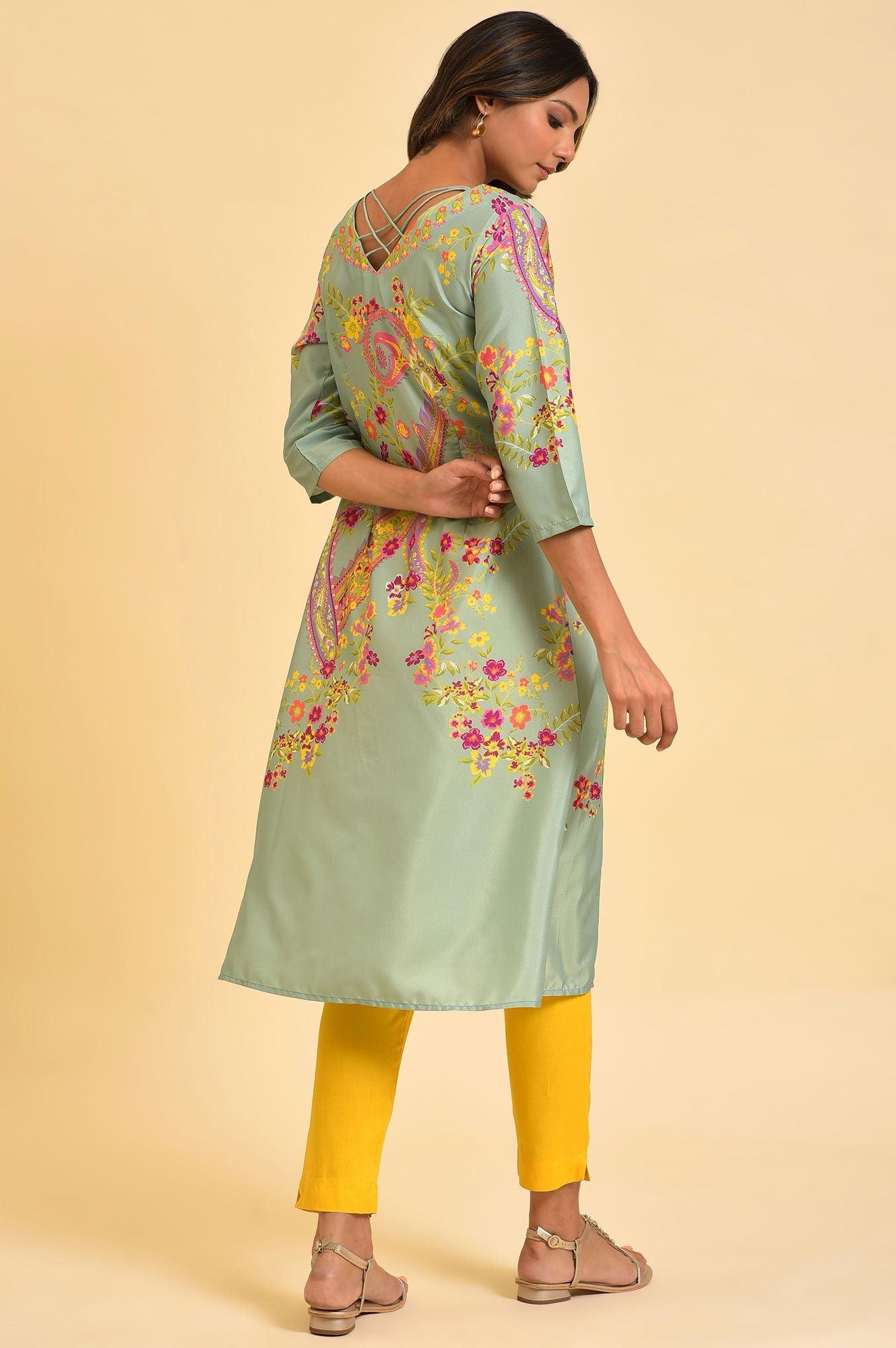 Green Printed kurta With Decorative Side Metal Ring - wforwoman